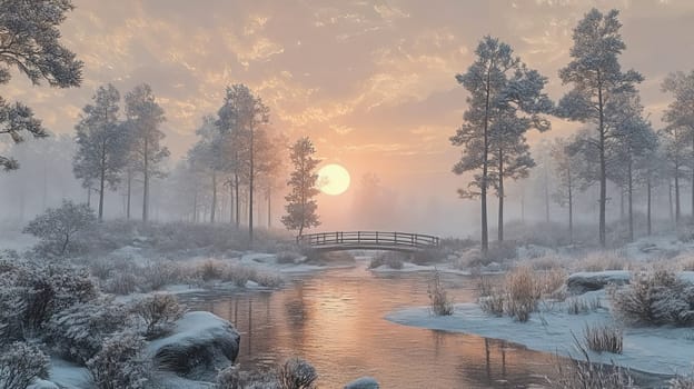 Winter landscape with snow-covered trees and a small bridge during sunset. Pastel colors.