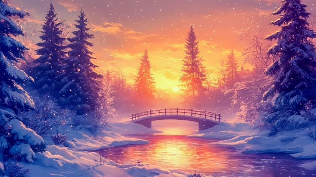 Winter landscape with snow-covered trees and a small bridge during sunset. Pastel colors.