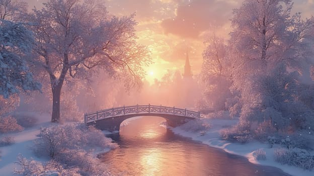 Winter landscape with snow-covered trees and a small bridge during sunset. Pastel colors.