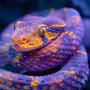 A closeup of a purple and orange scaled reptile, with electric blue eyes. This terrestrial organism is a snake, a type of reptile, with vibrant colors and striking yellow eyes