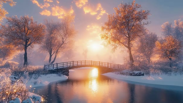 Winter landscape with snow-covered trees and a small bridge during sunset. Pastel colors.