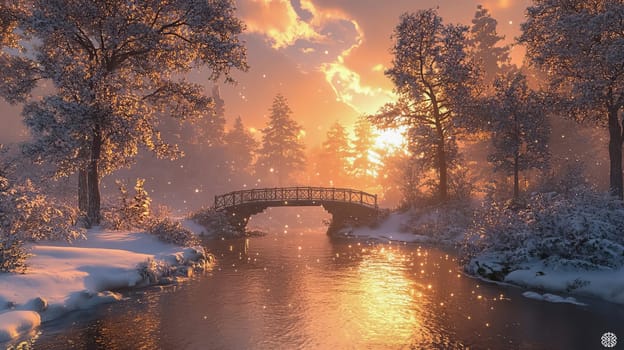 Winter landscape with snow-covered trees and a small bridge during sunset. Pastel colors.