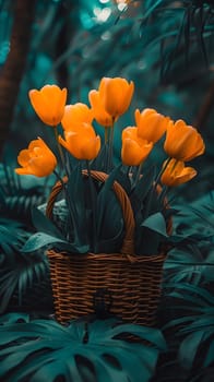 A vibrant basket filled with yellow flowers is placed amidst the lush greenery of a forest, showcasing the beauty of terrestrial plants in a natural setting