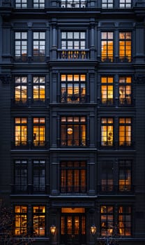 Beautiful night view of a stylish apartment building with glowing warm lit windows.
