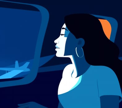 woman departure passenger transportation cartoon trip flight tourist airplane cabin character journey muslim hijab plane sitting sleep seat inside airline window. Generative AI.