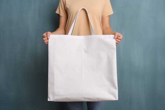 woman bag eco grocery ai textile fabric package shopping blank template fashion advertising layout market buy accessory white background purchase pack. Generative AI.