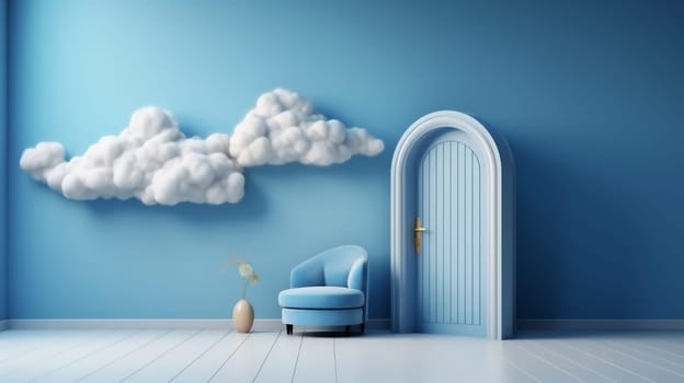 stage podium door room shape modern pedestal showcase minimal window cylinder nobody blank concept air abstract cloud round sky blue. Generative AI.
