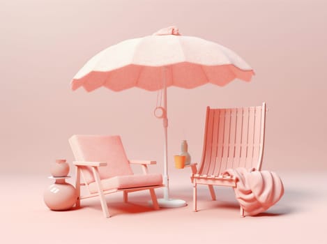 holiday sun copy striped colorful design lounge pink summer retro ball goggles shore parasol sand coast vacation space chair umbrella background. Generative AI.