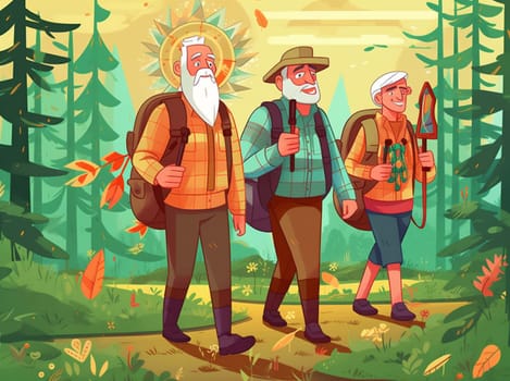 activity active pensioner elderly grandmother grandfather nature run summer road senior healthy old trekking walking love backpack couple happy hiking. Generative AI.