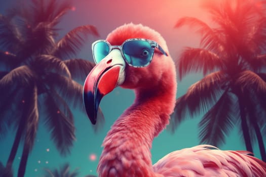 summer trendy glasses cartoon tropic flamingo leisure illustration animal sunglasses tropical ring hipster feather beach bird pink funny party holiday. Generative AI.