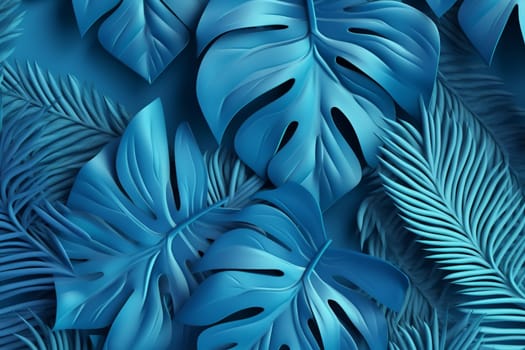 plant nature beach summer graphic foliage floral illustration hawaii background decoration monstera backdrop blue tree tropical exotic leaf design paper beautiful. Generative AI.