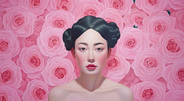 background woman pink portrait vintage fashion plant modern trendy face hair flower peony beauty young rose lip art beautiful lady illustration. Generative AI.