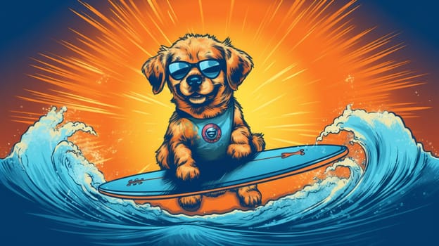 dog summer travel vacation joke surfing surfer water pet animal trendy sport sun funny wave ocean puppy beach isolated illustration. Generative AI.