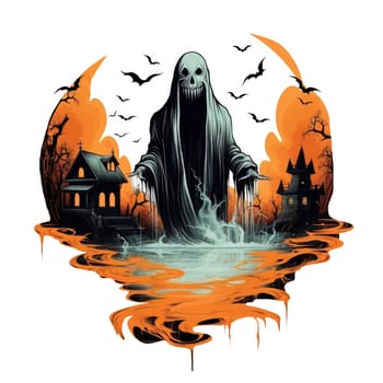 T-shirt or poster design with ghost Halloween theme on white. AI