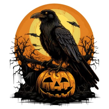 T-shirt or poster design with crow on Halloween theme on white. AI