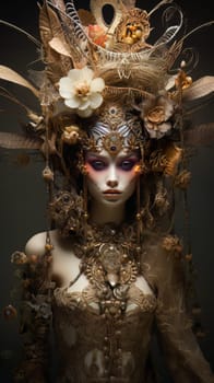 Surreal fairy tale character portrait of cartoon princess in a golden dress and a luxurious Ekibana headdress made of feathers and flowers in gold color AI