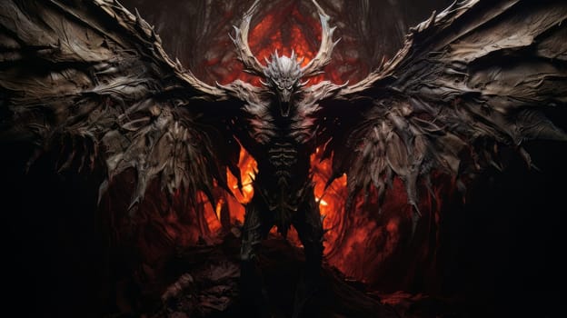 Epic creepy demon of hell with dark wings, punisher of all sinners, the enemy of God. Apocalypse, Halloween, horror story, AI