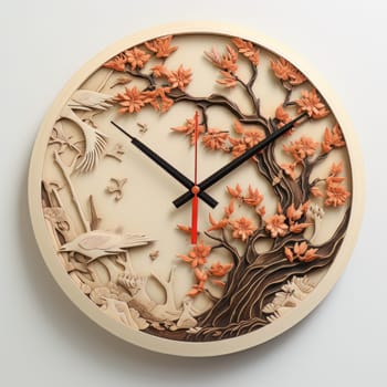 Handmade wooden Wall clock with an autumn forest inside on white background. Pattern of autumn tree, birds, hare and fish tails. AI