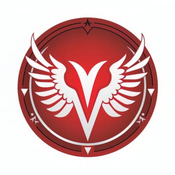 Round red logo with geometric white wings on a white background. Emblem with wings AI