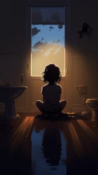 Cartoon little girl sitting on the bathroom floor in front of a closed door blue into the frame AI