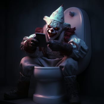 Creepy clown monster in the toilet. Demonic clown from horror movie or dream. Halloween scare room concept AI