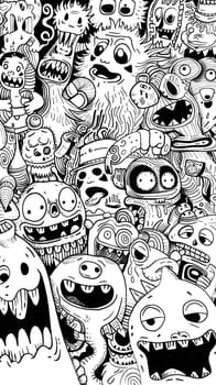 Scene with diverse humorous cartoon figures and unconventional creatures