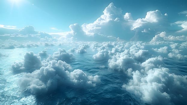 The sky above the ocean is beautiful and peaceful, adorned with fluffy clouds
