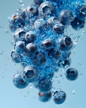 Electric blue circles of blueberries are cascading into a shimmering azure liquid, resembling a creative artwork made of natural materials