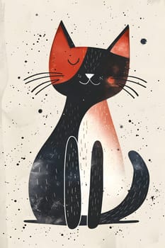 A small to mediumsized Felidae, carnivore cat with black and red fur, closed eyes, whiskers, and a tail. It is depicted in an art paint, capturing its snout and serene expression