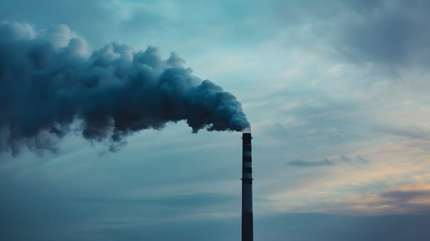 Industrial chimney releasing smoke into the air during a scenic sunset.