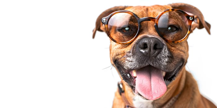A close up photo of a Carnivore dog with a fawn coat and liver colored snout, wearing sunglasses against a white background