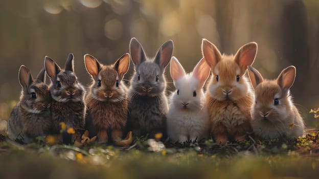 A group of rabbits with whiskers and fawncolored fur are sitting in a row on the grass in a natural landscape. The terrestrial animals have twitching noses and enjoy the peaceful event