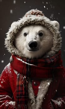 A terrestrial animal with a white fur coat, a red outerwear coat, and scarf standing in the snow. Its snout is visible, giving it a toylike appearance