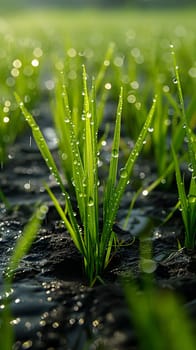 A closeup image of a terrestrial plant with water drops glistening on its leaves, showcasing the beauty of nature in a grassland setting