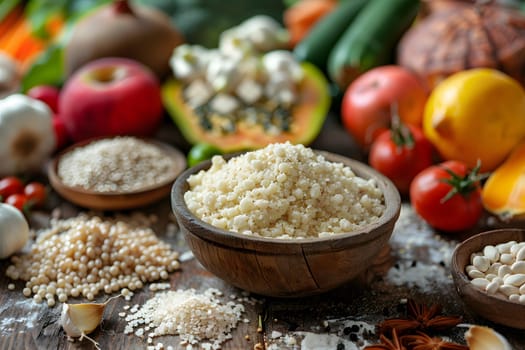 A wooden bowl filled with rice is surrounded by a variety of natural foods such as fruits and vegetables like plum tomatoes, creating a colorful and nutritious dish