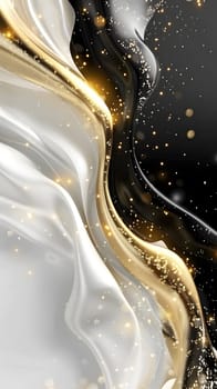 An elegant background of abstract swirls in black, white, and gold sparkles
