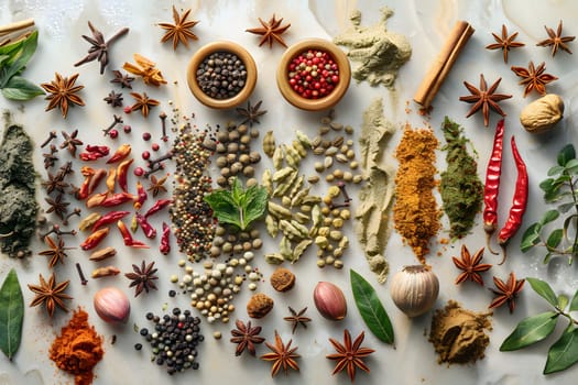 The table is adorned with an array of spices and herbs, creating a colorful pattern that serves as both a creative arts ornament and a festive Christmas decoration for the event
