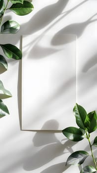 A blank white background decorated with green leaves and natural shadows