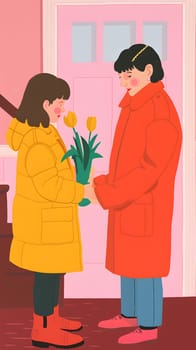 A woman in a bright orange coat smiles as she receives a beautiful bouquet of flowers from her friend in a vibrant yellow coat. The gesture is captured in an illustration reflecting happiness and art