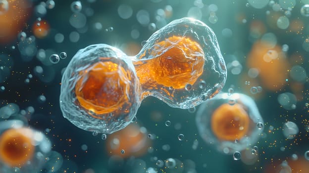 High magnification image of cells undergoing division, captured under a microscope.