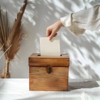 A hand casting a vote in a wooden box on a white table against a natural backdrop