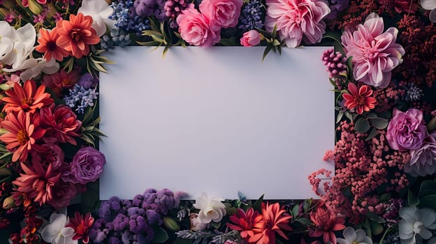 A beautiful white sheet of paper is adorned with a vibrant arrangement of colorful flowers such as pink, violet, and magenta, showcasing the art of flower arranging and creative design