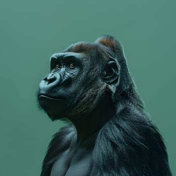Close up of a Primates face, possibly a Common chimpanzee, showing its prominent snout and fur against a vibrant green background. A striking portrait of a terrestrial animal in its natural habitat