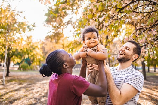 Boy in the arms of his parents in the park.