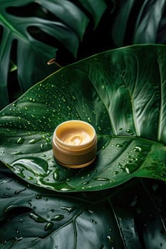 Face cream on a wet plant leaf. Selective focus. Nature.