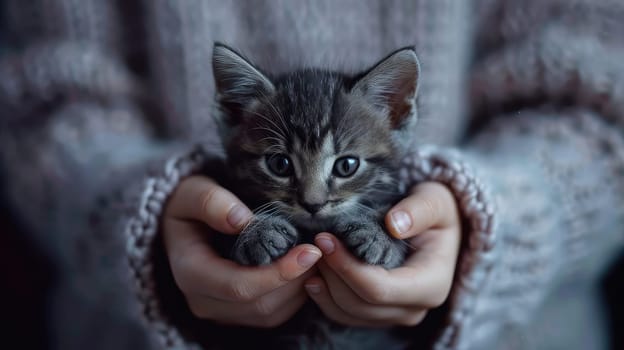 Kitten in the hands of a woman. Selective focus. people.