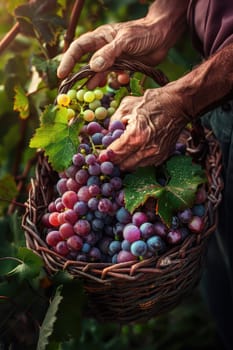 Basket with grape harvest in the vineyard. Selective focus. Nature.