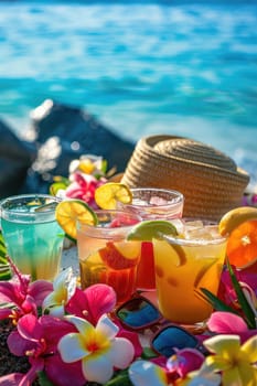 Beautiful exotic cocktails on the beach. Selective focus. drinks.