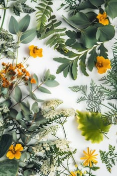 Leaves and flowers on a white background frame. Selective focus. nature.