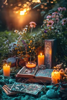 Candles and fortune telling magic in the forest. Selective focus. nature.